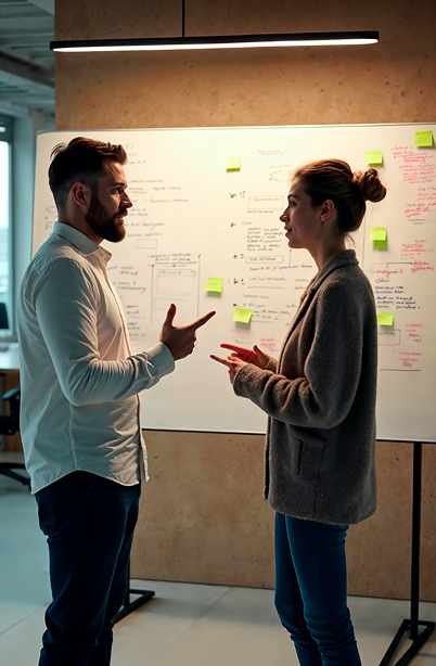 Team collaborating on an intelligent solution at a whiteboard